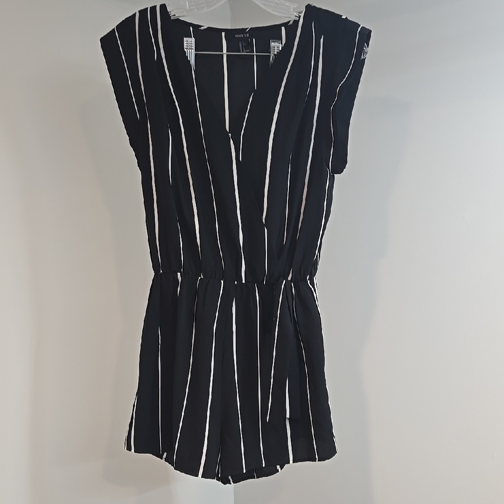 Forever 21 Black and White Striped Jumpsuit with V-Neck